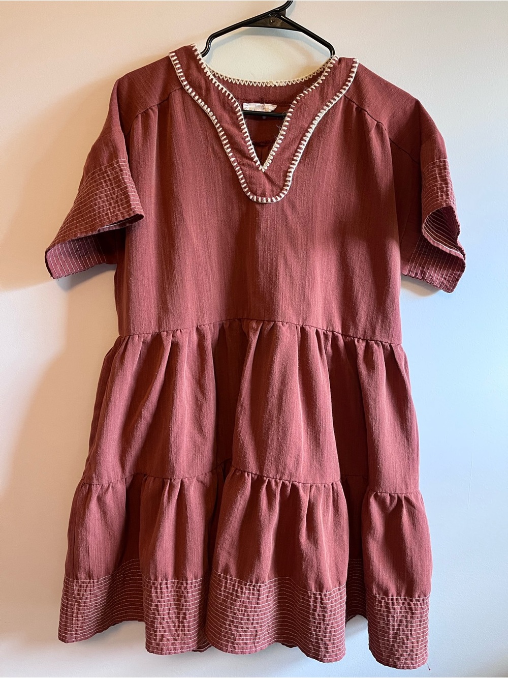 Entro Tiered Mini Dress in Terracotta with Contrast Trim